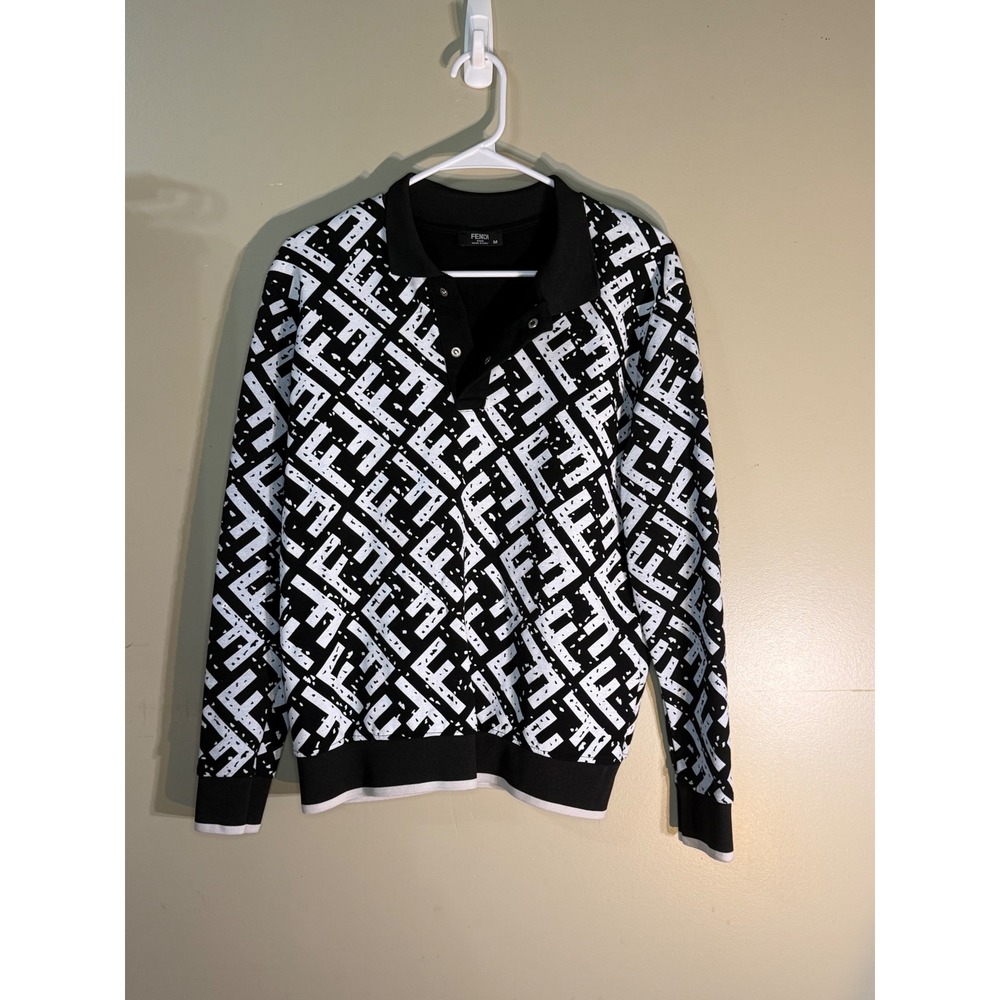Fendi Roma Mens FF Logo Print Long Sleeve Polo Shirt Black White Size M Italy